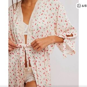 Free People Cream Cherry-Print Lace Robe